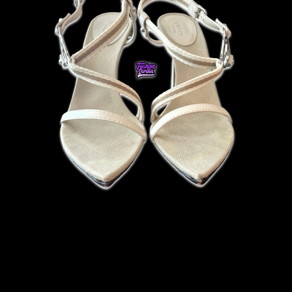 Tom Ford Gucci Brit Strappy Y2K Pointed Toe Stiletto Heel Beige Tan silver Logo - Picture 2 of 14